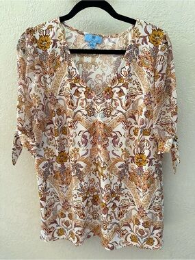 CeCe White Paisley Floral V-Neck Blouse with Mustard and Dusty Rose